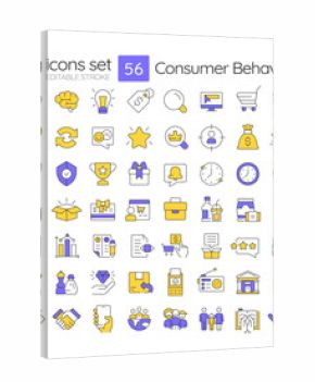 Consumer behavior line color icons set. Time management, target audience. Customer experience. Accounting, banking. Vector illustrations. Simple flat colorful symbols collection. Editable stroke
