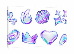 3d glass holographic y2k abstract shape set - heart, flame, stars, cherry, lightning, crown, chain, arrow, polygon, spiral line, sphere with neon gradient isolated on black background
