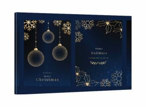 Christmas and Happy Holidays card vector set. Luxury gold victorian frame, leaves branch, flower, star, snowflake on navy blue background. Design illustration for poster, cover, invitation, ads. 