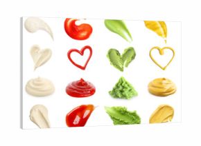 Mustard, mayonnaise, wasabi and ketchup on white background, set