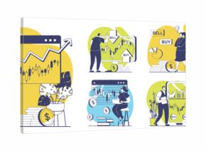 Stock market concept set for web design. Collection with people analyzing financial statistics with bar chart, forecasting market trends, buy or sell, making success investments. Vector illustration.