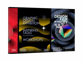 Modern abstract graphic design posters with gradients, geometric shapes, collage and typography. Futuristic event templates for exhibitions, creative fairs, workshops, and contemporary branding. 