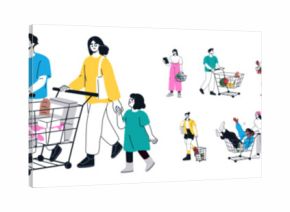 Buyers, consumers doing shopping set. People walking with supermarket baskets, carts and grocery trolleys. Customers with pushcarts. Flat graphic vector illustrations isolated on white background