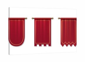 Medieval red pennant flags set isolated on white background. Vector realistic illustration of antique textile banners with golden frames, royal sign mockups of different shape, game design elements