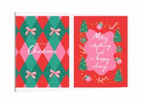 Merry Christmas and Happy New Year greeting card, banner, poster, cover templates. Modern bright Xmas design with beautiful doodle elements, Christmas tree, gifts, candy canes, golden confetti, bows.