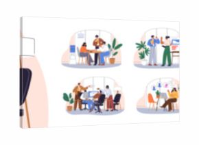 Teamwork in office. Business communication, brainstorming, professional ideas discussion. Colleagues collaboration, meeting. Team, group work. Flat vector illustration set isolated on white background