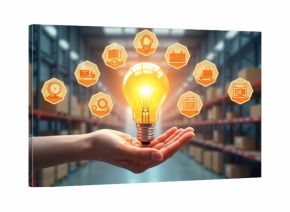 Hand holds glowing lightbulb over warehouse shelves filled with boxes. Icons show logistics, delivery, planning, ideas. Innovative supply chain solution concept.