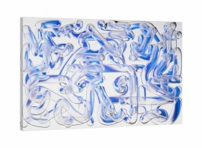 Abstract geometric maze structure made of glass tubes, isolated on white background. Blue objects are refracted through the transparent surfaces. 3D rendering illustration.