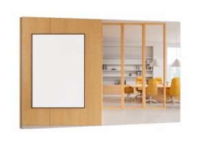 Modern office interior with blank poster on wooden wall and glass partition revealing meeting room with yellow chairs and shelves in background. 3D Rendering