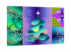 Modern Christmas and New Year background with abstract gradient, geometric shapes, and festive typography. Stylish neon design, deer, 3D Christmas tree, gift, bow, highlight for greeting card, poster 