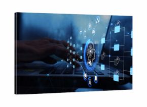 Ai Futuristic holographic interface of a file manager, folder structure with documents and data scanning, digital document storage software, cloud database, search and manage documents, paperless