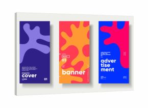 A vibrant collection of abstract poster designs featuring bold colors and organic shapes. Each poster showcases unique layouts suitable for courses, magazines, banners, advertisements, and labels.