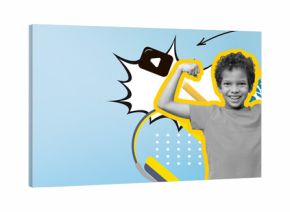 Bright and colorful collage showcases a smiling child flexing muscles against a light blue background. Dynamic graphic elements add energy and joy to the scene, creating a playful atmosphere.