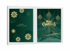 Luxury Christmas Greeting Card Vector Set with Golden Snowman, Snowflakes, Ornaments, and Pine Tree on Green Background for Invitations, Posters, Wall Art, Social Media, Packaging, and Holiday Decorat