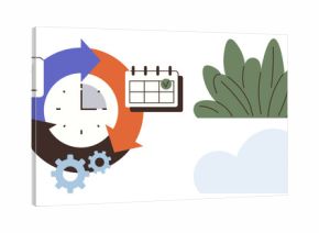 Clock and arrows represent workflow cycles, calendar symbolizes scheduling. Gears indicate processes, with nature elements suggesting sustainability. Ideal for time management, planning, efficiency