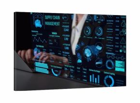 Supply chain management interface showing delivery routes, warehouse efficiency, cost savings, vehicle tracking, procurement ROI, and contract stages. Futuristic supply chain monitoring system. Thunk