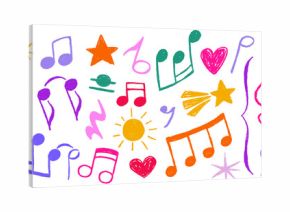 Hand drawn crayon notes set isolated on white background. Vector realistic illustration of pastel color chalk melody, heart, star, sun signs, kid stickers for music banner decoration, scribble design