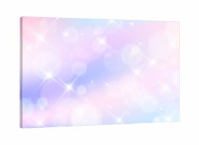 Sparkling magic unicorn background with shimmering sparkles. Vector realistic illustration of pastel pink and blue color gradient, abstract heavenly clouds, fantasy backdrop for fairytale design