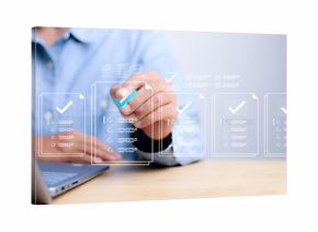 Businessman showing online document validation icon, quality assessment management With a checklist, business document evaluation process, market data report analysis and consulting.