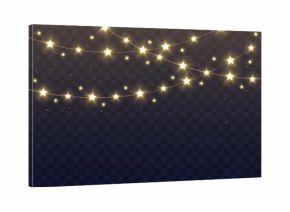 Realistic golden Christmas lights garlands with glowing stars and bulbs. Festive magic fairy strings for holiday decoration, New Year party banner, vector isolated on transparent background