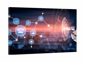 A robotic hand reaches out to engage with digital data elements, symbolizing the intersection of technology and human interaction in a modern urban landscape. Tessel