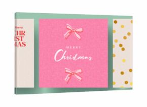 Christmas Holiday banner, card, poster, cover, background set. Modern bright Xmas design with hand drawn elements, striped, christmas tree, bows, golden confetti for season greetings, sale, print, ads