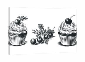 Two Hand Drawn Cupcakes and Cherry Branch