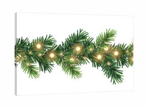 Seamless decorative christmas border with glowing lights and coniferous branches isolated on white background 