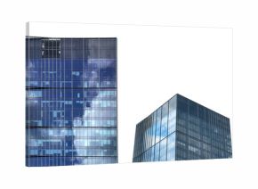 Skyscraper building exterior. Modern glass tower with tall facade, blue reflection of sky and clouds