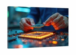 Technician holds processor above circuit board. Man works in tech laboratory with motherboard, microchips. Engineer checks hardware, tests computer electronics for performance, quality. Server