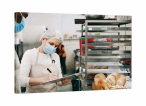 Health, inspection or people in cafe with clipboard, hygiene or food safety in checklist. Sanitation, review or inspector in kitchen with writing, quality control or compliance in restaurant service.