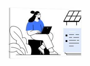 Woman sitting with a laptop near leaves, next to documents and solar panels. Ideal for themes of sustainability, remote work, green energy, technology, productivity, education and innovation. Simple