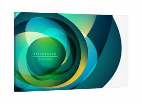 Abstract swirling layers, vibrant greens, blues, yellows. Modern design element, clean white space present. Smooth gradients create depth.