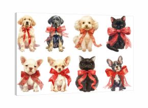 PNG Adorable puppies kittens with bows, element set on transparent background