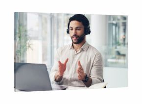 Laptop, talk and man in call center for technical support, feedback analysis or troubleshooting. Computer, contact us and agent at work for software assistance, customer service or data for IT