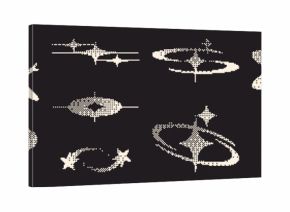 Y2k style pixel star icon set with sparkle elements and halftone gradients on dark background. Retro digital graphics - orbiting stars, decorative bursts and abstract shapes for nostalgic web design.