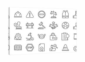 Work Safety web icons in line style. Protection, risk management, workplace security, insurance, health, hazard, helmet. Editable stroke. Vector illustration.