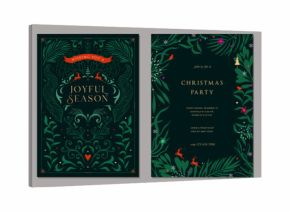 Elegant Botanicals Holiday cards. Abstract creative templates with Christmas tree, reindeers, birds, ornate floral frames and backgrounds.
