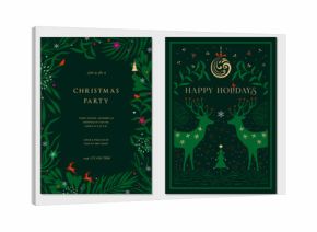 Corporate Holiday cards with Christmas tree, reindeers, birds, ornate floral frames, background and copy space. Universal artistic templates. 