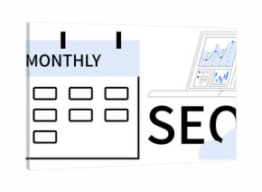 Calendar marked Monthly, laptop displaying analytics charts, text SEO, and cloud symbol. Ideal for planning, digital marketing, analytics, content strategy, scheduling reporting optimization