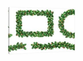Christmas tree garland, wreath, and frame set with glowing colorful lights. Realistic pine branch decorations for festive design. Transparent background in vector file.