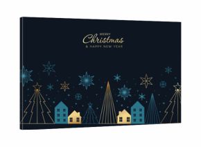Christmas and Happy New Year greeting banner vector artwork with winter village gold snowflakes and dark night background — charming design for holiday cards and seasonal ads