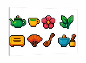 Pixel art food and nature icon set. Retro, tea, plant icons in pixelated style