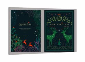 Winter Wonderland Holiday cards. Christmas templates with decorative Christmas Tree, reindeers, birds, snowflakes, ornate hand drawn frames with copy space and greetings.