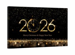 2026 Happy New Year greeting card vector illustration. Festive Christmas social media banner. 2026 clock countdown background. Elegant golden numbers with clock and glitter on black backdrop.