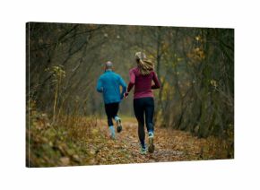 Two runners pacing steadily on long forest corridor filled with brown leaves. Concept of fitness routines, wellbeing support, corporate wellness topics and fall running guides.