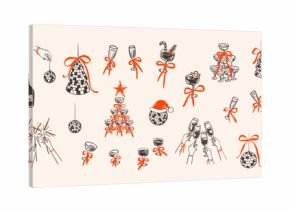 Merry Christmas and Happy New Year whimsical hand drawn crayon doodle design elements. Quirky funny Santa Claus. Xmas celebration disco party. Coquette cocktail and champagne bow glass tower