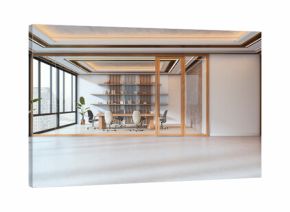 Modern empty corporate conference room with glass partition and city view, featuring stylish interior and natural lighting design elements. 3D Rendering