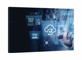 Doctor interacting with digital healthcare cloud interface showing medical data, AI chip, and security icons on blue futuristic background concept.