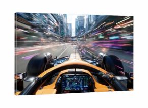 Cockpit POV of Formula One car racing through city streets with neon streaks. Concept of VR experience design, simulation marketing, game assets and emotional speed immersion.